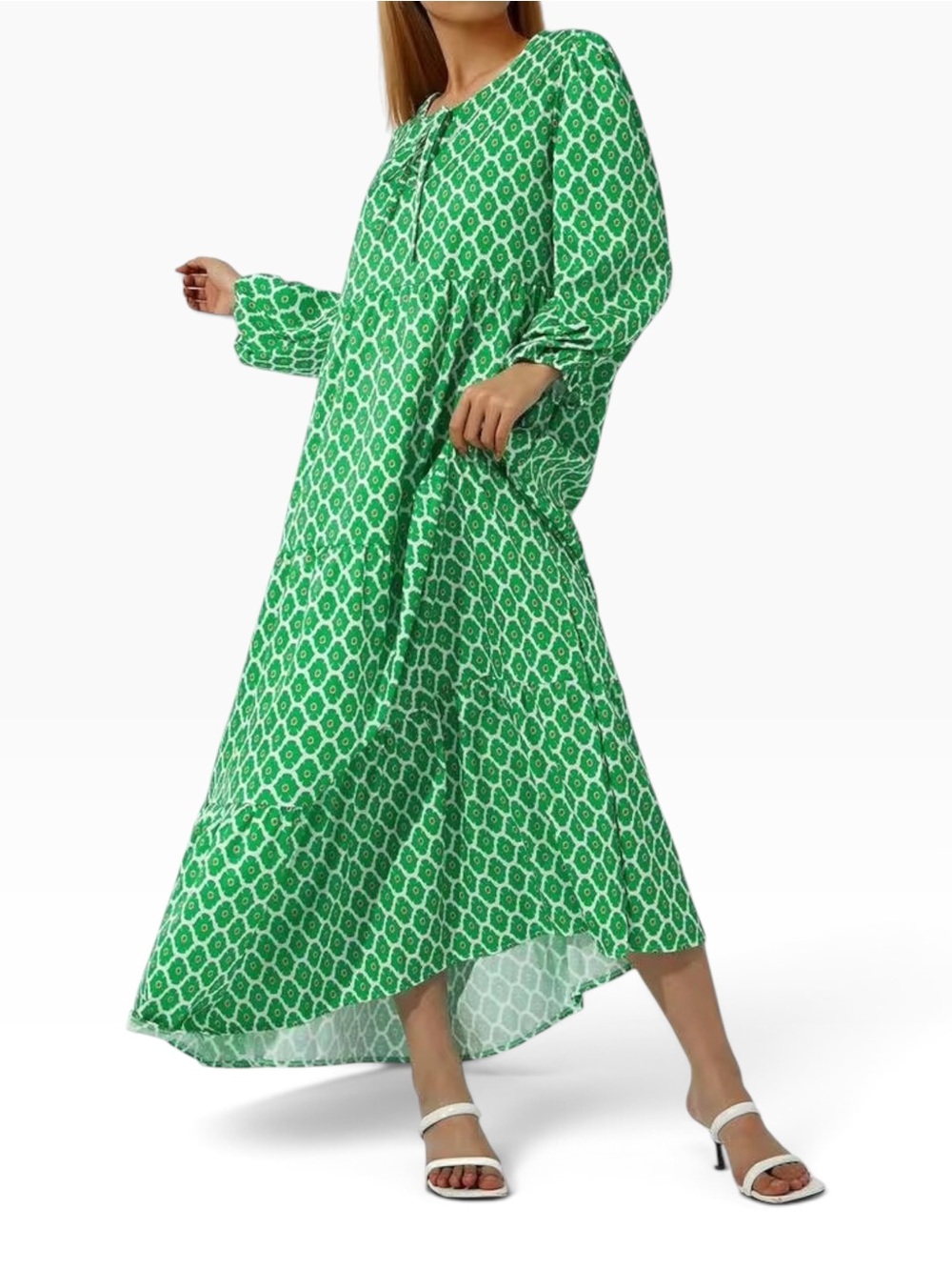Boho Green & White Geometric Print Half-Sleeve Tiered Maxi Dress - Picture 7 of 14